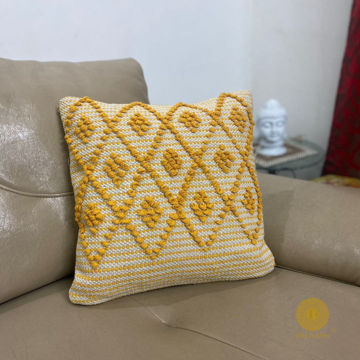 Set of two cotton woven embroidered cushion covers by The Gharnish, featuring intricate traditional embroidery design.