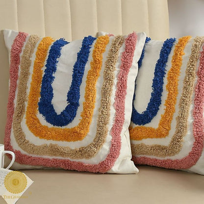 Set of two multicolor woven design cushion covers by The Gharnish, decorative cushions for living room or bedroom decor.