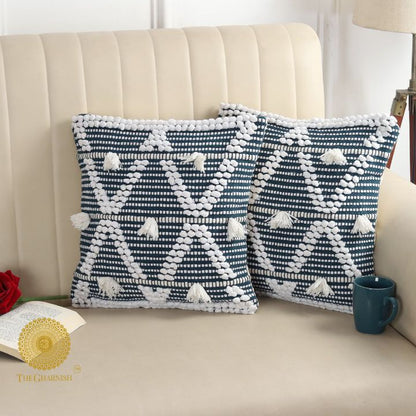 Set of two premium cotton and thread work cushion covers by The Gharnish, featuring intricate embroidery and soft fabric.