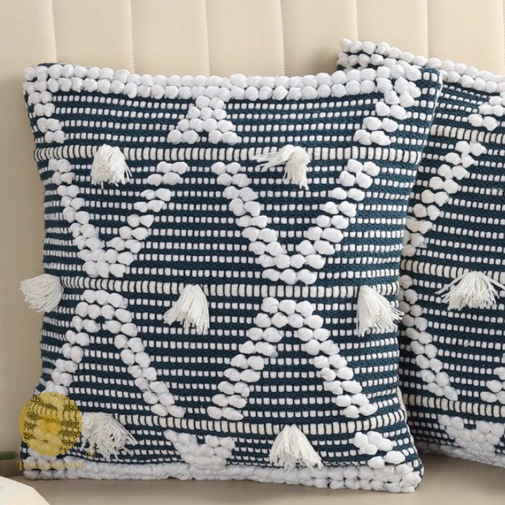 Set of two premium cotton cushion covers with intricate thread work by The Gharnish, showcasing elegant fabric and detailed craftsmanship.