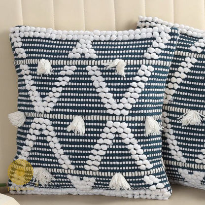 Set of two premium cotton cushion covers with intricate thread work by The Gharnish, showcasing elegant fabric and detailed craftsmanship.