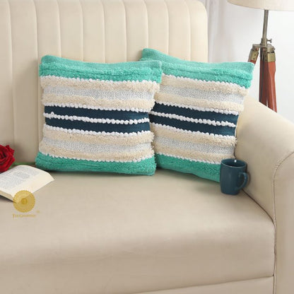 Set of two premium pure cotton knitting pattern cushion covers by The Gharnish, featuring intricate textured designs and soft fabric.