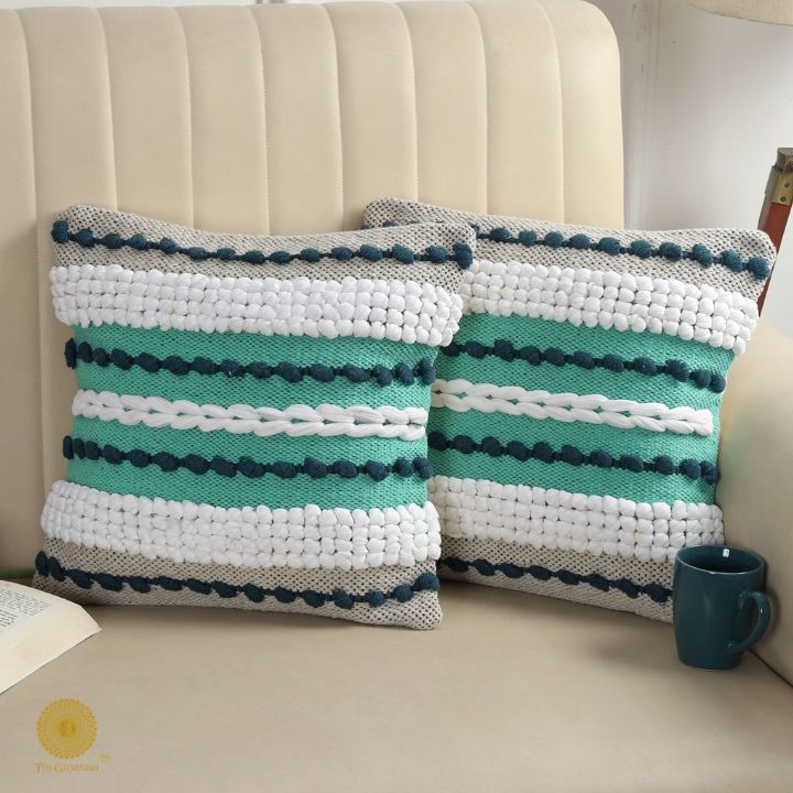 Set of two premium pure cotton knitting pattern cushion covers by The Gharnish, featuring intricate textured designs.