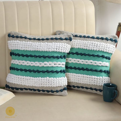 Set of two premium pure cotton knitting pattern cushion covers by The Gharnish, featuring intricate textured designs.