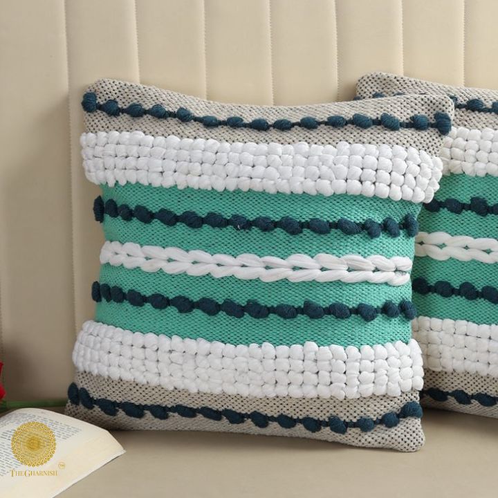 Set of two premium pure cotton knitting pattern cushion covers by The Gharnish, soft and stylish home decor accessories.