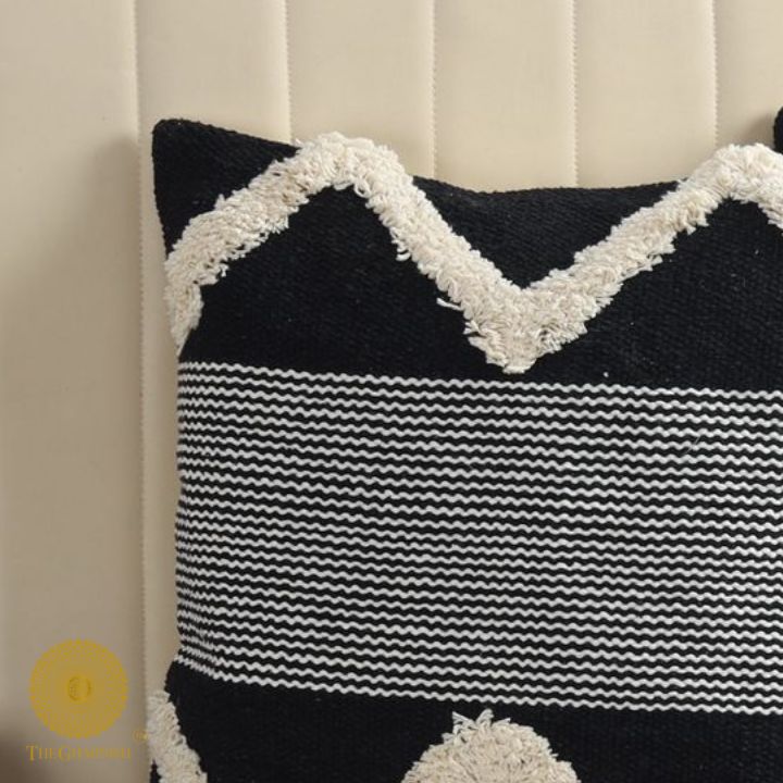 Pure cotton cushion covers with intricate thread work from The Gharnish, featuring elegant design on soft fabric.