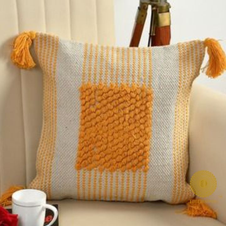 Set of 2 cotton cushion covers with tassels from The Gharnish, featuring woven fabric and decorative tassels for cozy home decor.
