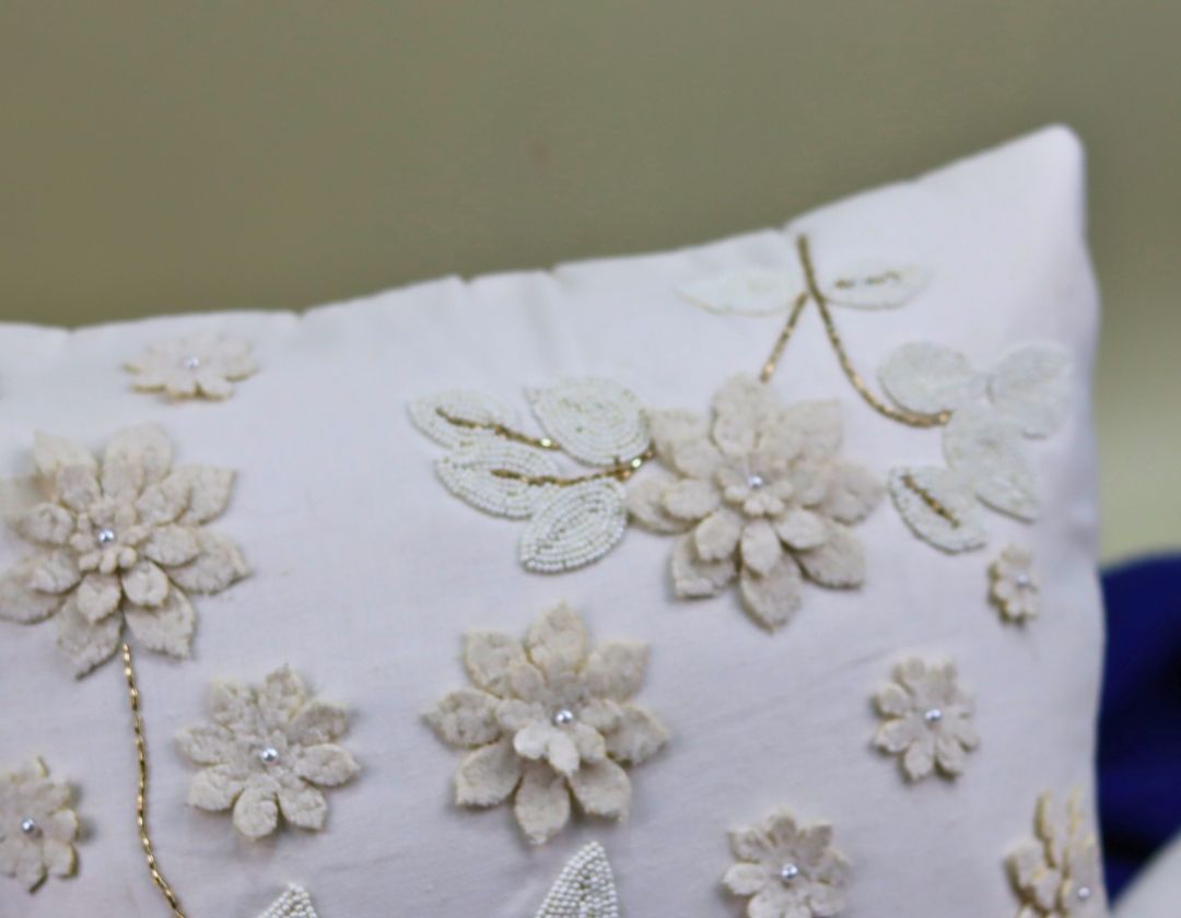 Pearl White Cushions with beads Set of 5 - The Gharnish - A Unit of Satkala Creations