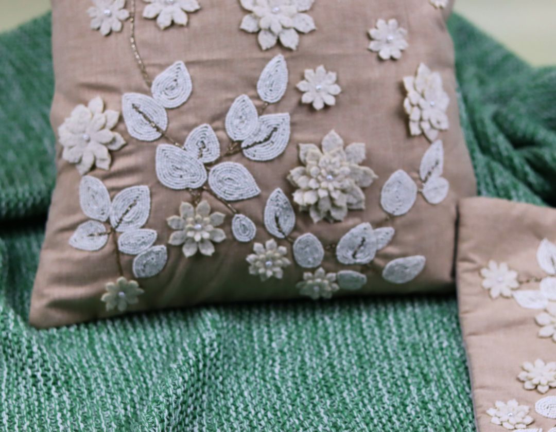 Pearl White Cushions with beads Set of 5 - The Gharnish - A Unit of Satkala Creations