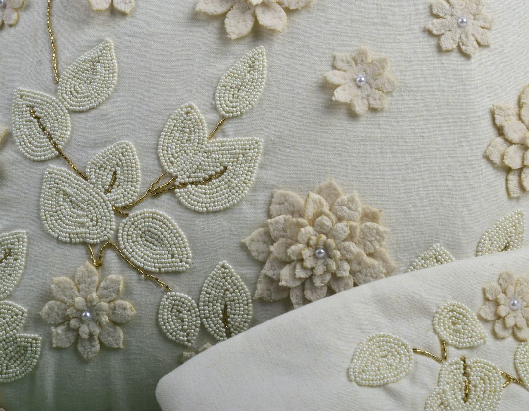 Pearl White Cushions with beads Set of 5 - The Gharnish - A Unit of Satkala Creations