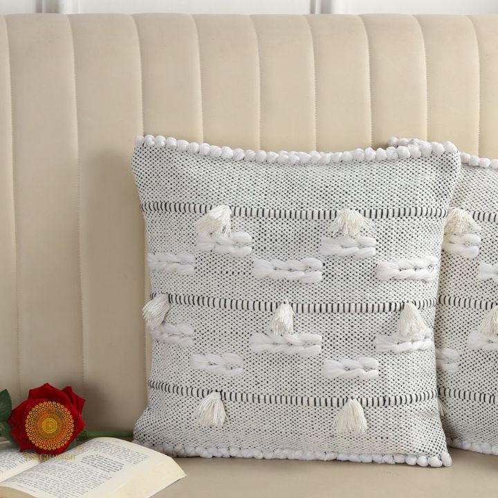 Set of two super soft cotton woven tufted cushion covers by The Gharnish, featuring textured fabric and stylish design.