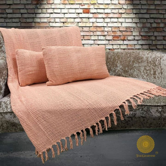 Set of textured knitted cushions with super soft lightweight throw and pillow from The Gharnish, cozy and stylish home decor.