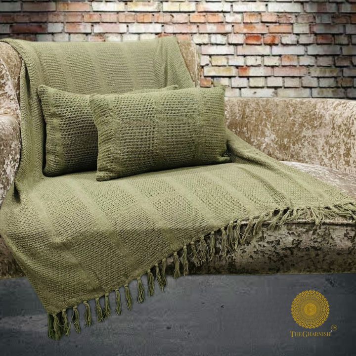 Textured knitted throw and pillow set by The Gharnish, featuring super soft, lightweight cushions with a cozy, stylish design.