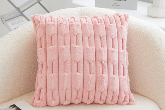 Set of two white rabbit fur cushion covers by The Gharnish, soft and plush decor for sofas and beds.