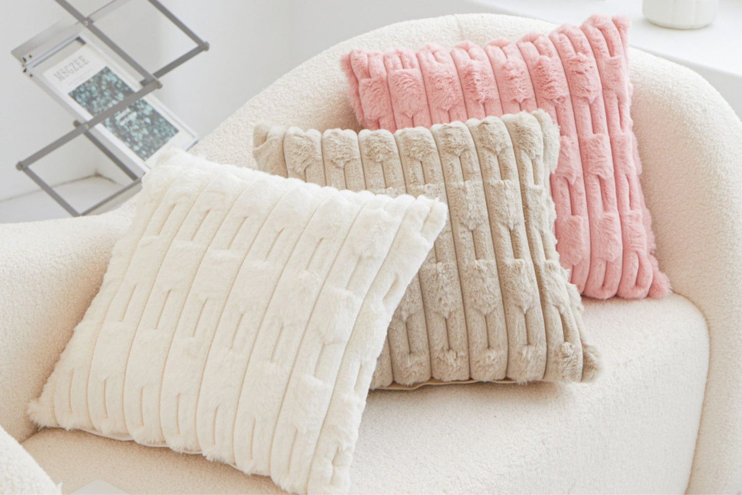 Set of two white rabbit fur cushion covers by The Gharnish, soft and plush decorative cushions for home decor.