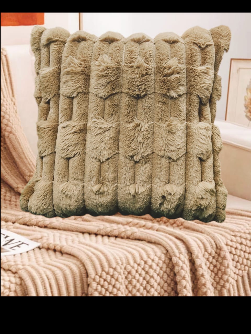 Set of two white rabbit fur cushion covers by The Gharnish, soft and plush decorative cushions for sofa or bed.
