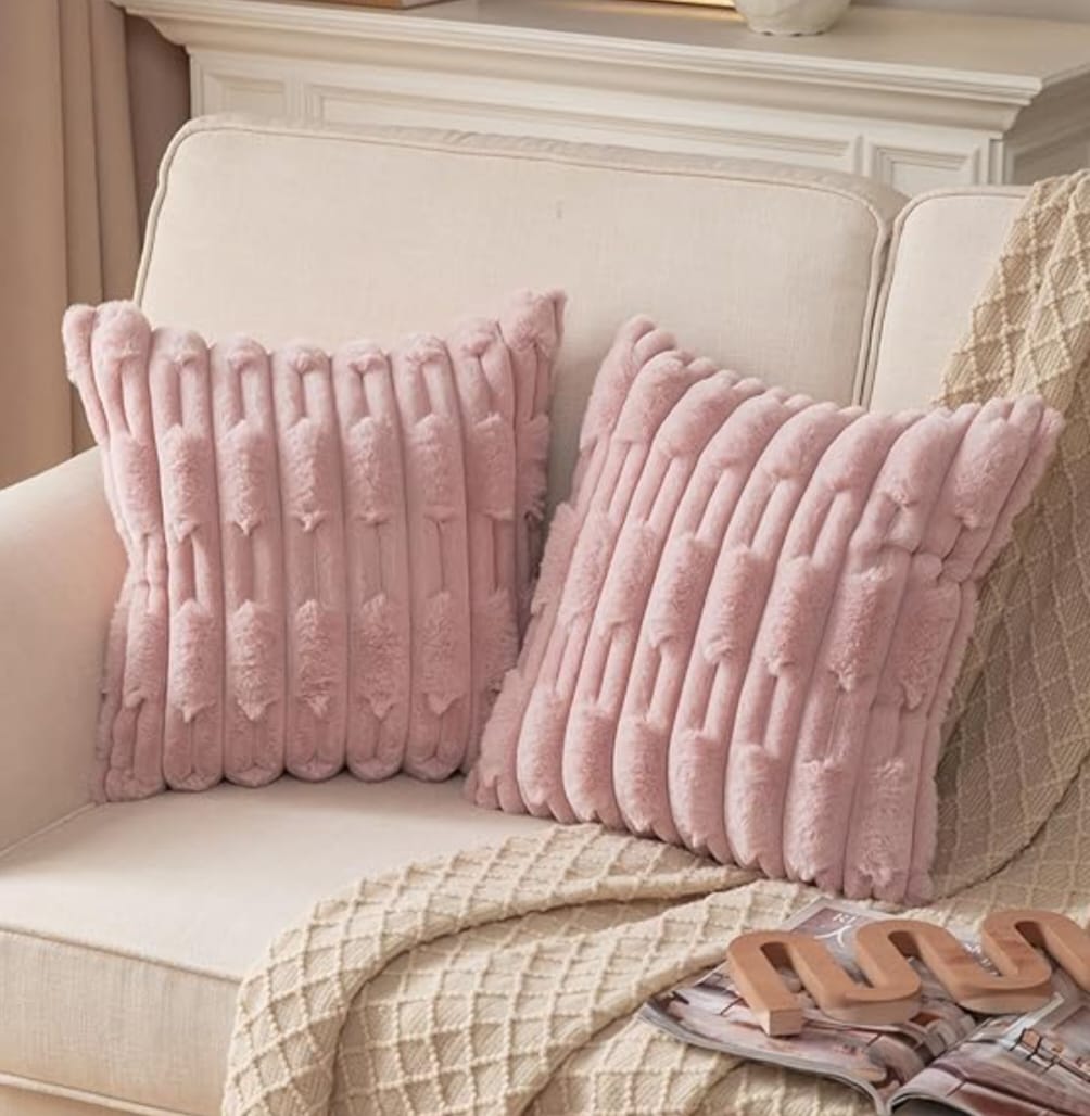 Set of two white Rabbit Furr Cushion Covers by The Gharnish, soft plush cushions with a fluffy rabbit fur texture.