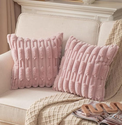 Set of two white Rabbit Furr Cushion Covers by The Gharnish, soft plush cushions with a fluffy rabbit fur texture.