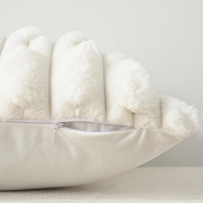 Set of two white rabbit fur cushion covers by The Gharnish, soft and plush decorative cushions for living room or bedroom.