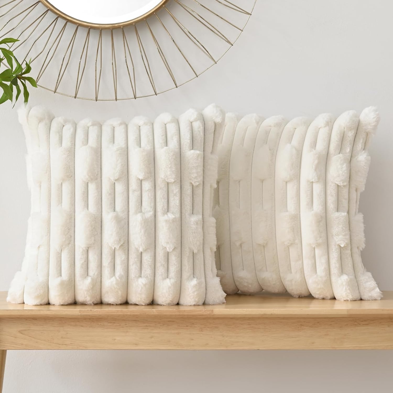 Set of two white rabbit fur cushion covers by The Gharnish, soft and plush decorative cushions for sofa or bed.