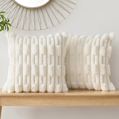 Set of two white rabbit fur cushion covers by The Gharnish, soft and plush decorative cushions for sofa or bed.