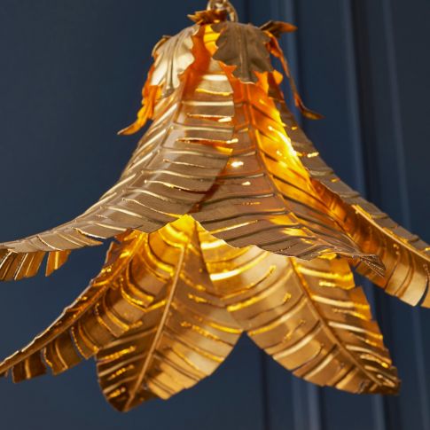 Aspire Palm Leaf Hanging Pendant Light by The Gharnish, stylish floor lamp with a palm leaf design and hanging pendant style.