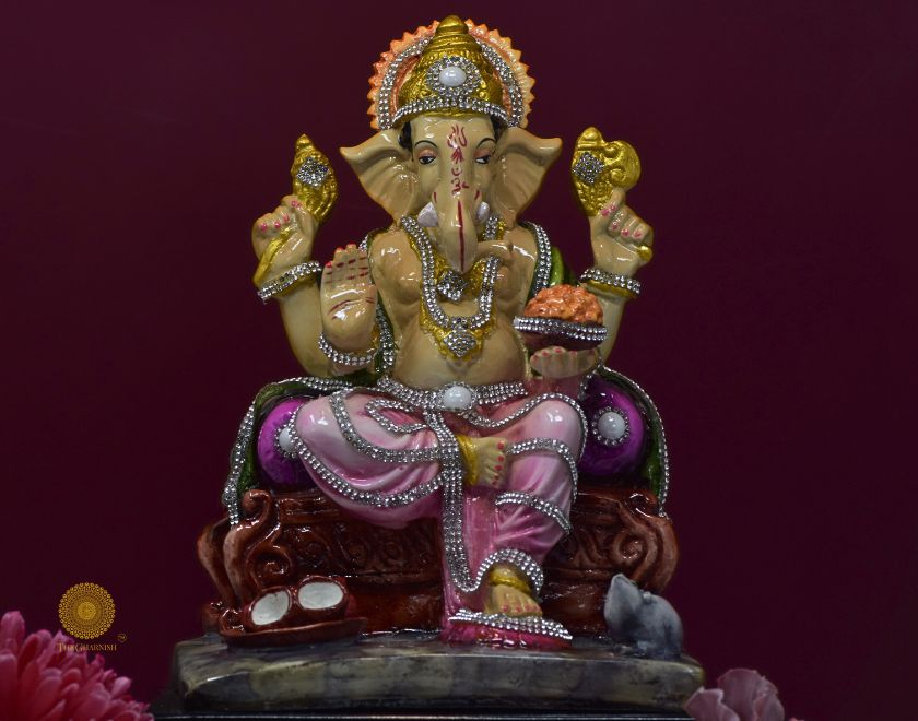 Multicolor Ganapati Ji Murti, Hindu Gods Figurine by The Gharnish, detailed colorful Ganapati idol for worship and decoration.