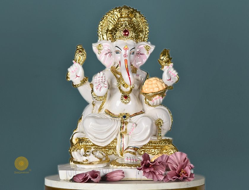 White marble look Ganesha statue, gods figurine by The Gharnish, showcasing intricate details of the Hindu deity.