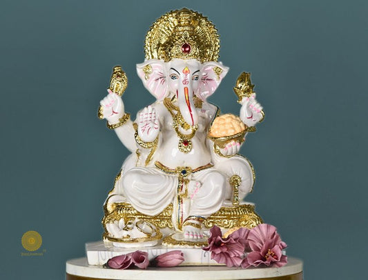 White marble look Ganesha statue, gods figurine by The Gharnish, showcasing intricate details of the Hindu deity.