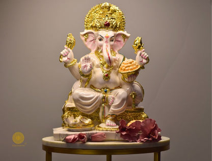 White marble look Ganesha statue, decorative gods figurine by The Gharnish, showcasing intricate details of the Hindu deity.