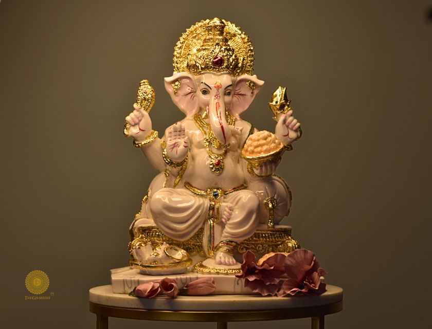 White marble-look Ganesha statue, Hindu gods figurine by The Gharnish, detailed Ganesha deity sculpture with intricate features