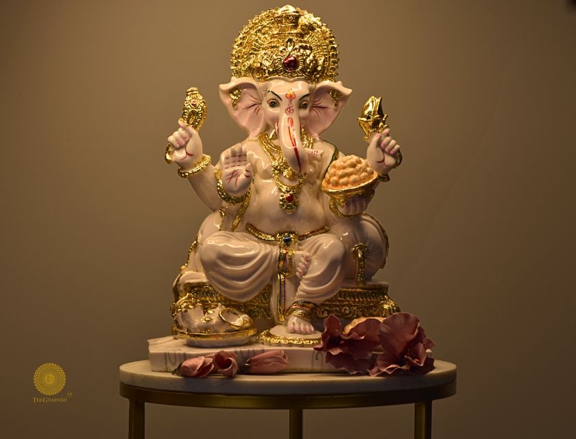 White marble-look Ganesha statue, Hindu gods figurine by The Gharnish, detailed and decorative for spiritual or home decor.