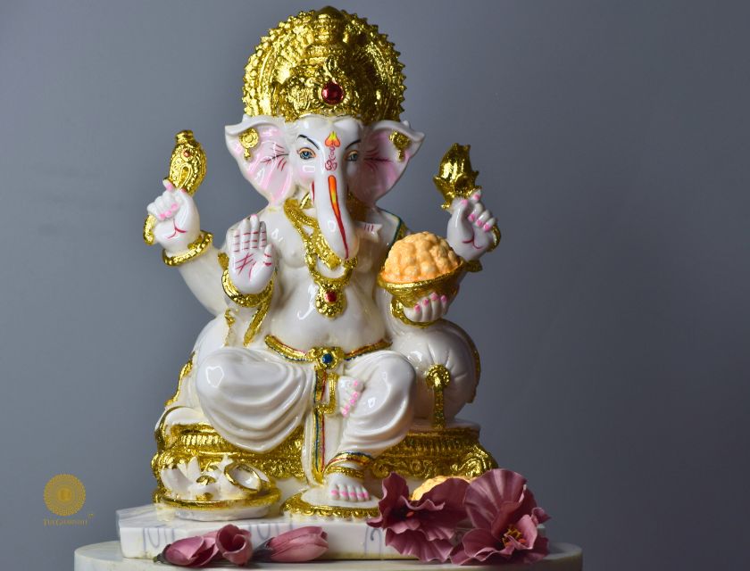 White marble-look Ganesha statue, gods figurine by The Gharnish, showcasing intricate details of the Hindu deity.