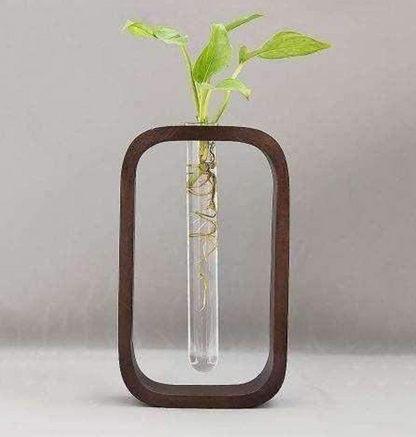 Wooden holder with a glass planter tube from The Gharnish, ideal for indoor plants or succulents.