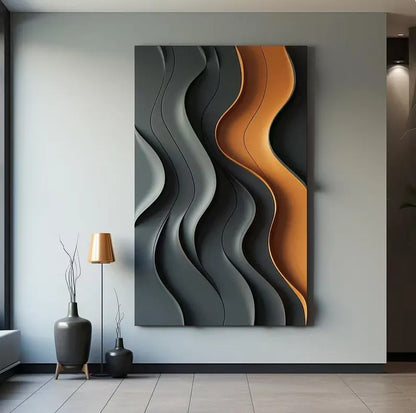 Aesthetic wooden textured carving waves 3D wall art panel by The Gharnish, featuring intricate wave designs on a premium art gallery panel.