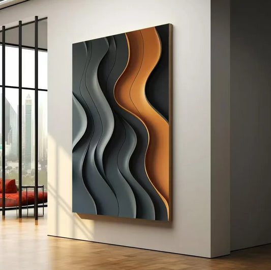 Premium wooden 3D wall art panel featuring textured carved waves, designed for aesthetic decor by The Gharnish.