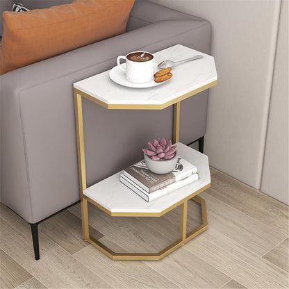 Black double-tier side table by The Gharnish featuring marble surfaces and a sleek, modern design for living room decor.