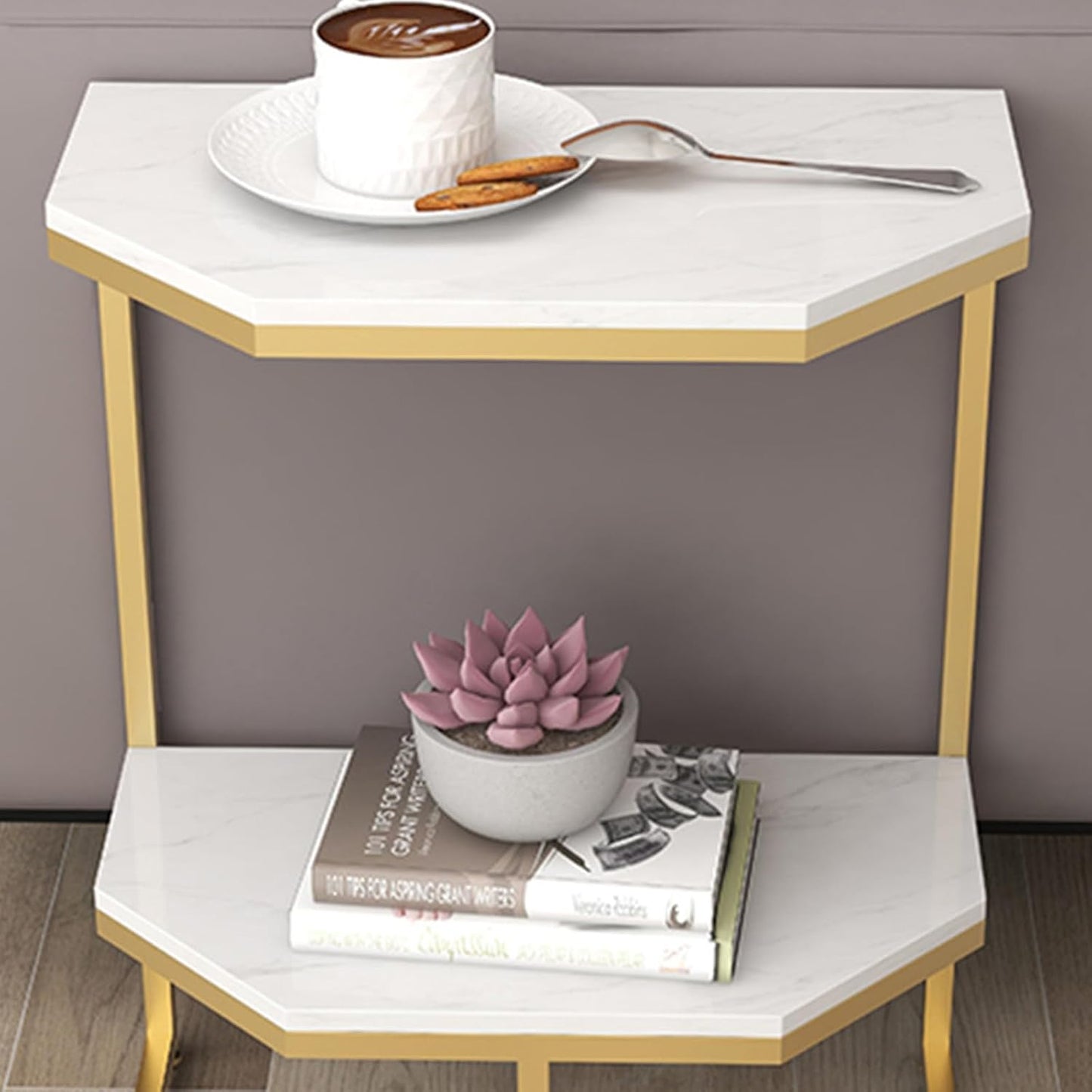 Black double-tier side table by The Gharnish featuring marble surfaces and a sleek console table design.