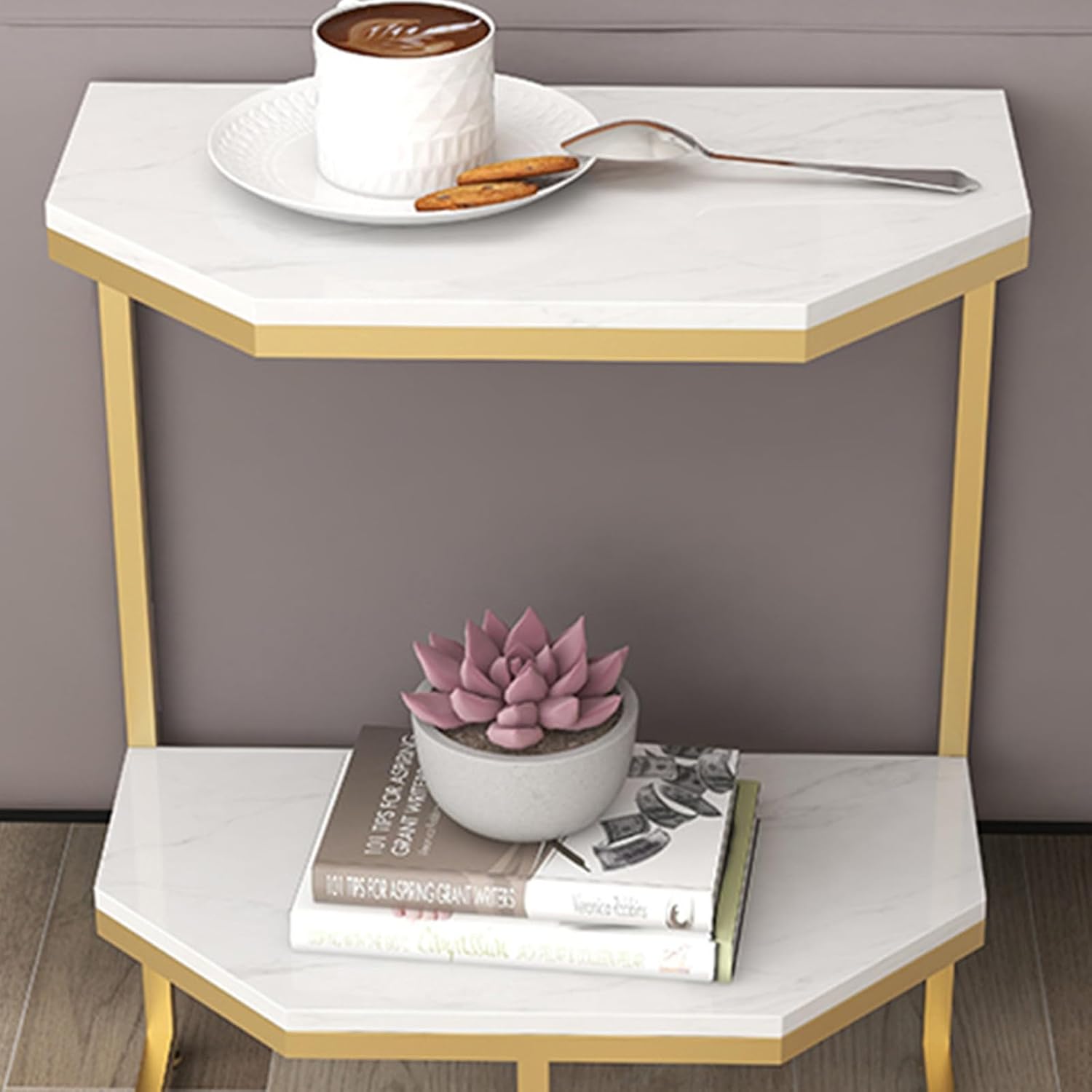 Black double-tier side table by The Gharnish featuring marble surfaces and a sleek console table design.