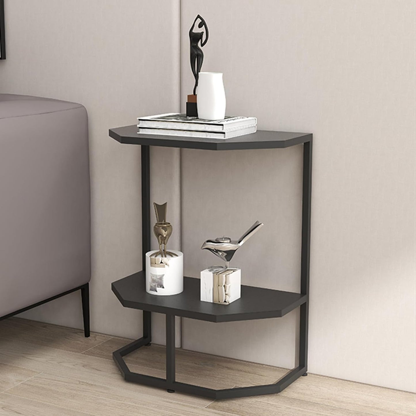 Black double-tier side table by The Gharnish with marble top and sleek design, perfect as a versatile console table.