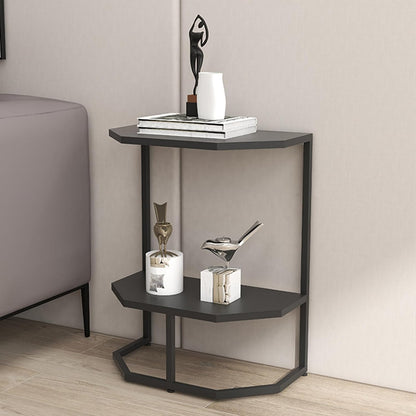 Black double-tier side table by The Gharnish with marble top and sleek design, perfect as a versatile console table.