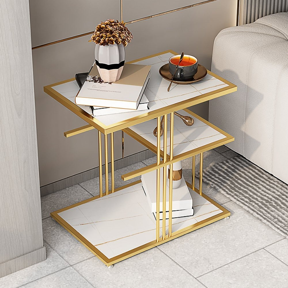 Black rectangular metal coffee table with a marble top, ideal as a side table for home and office use by The Gharnish.