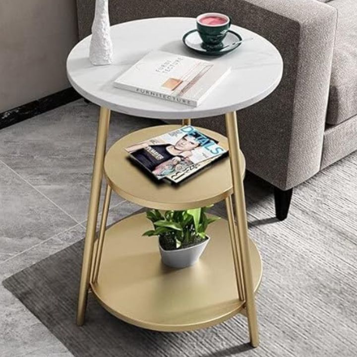 3 Tier Marble and Iron Round Side Table and Bedside table - The Gharnish - A Unit of Satkala Creations