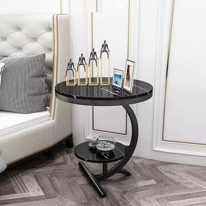White 2-tier storage shelf side table with modern metal frame, ideal for living room or bedroom organization.