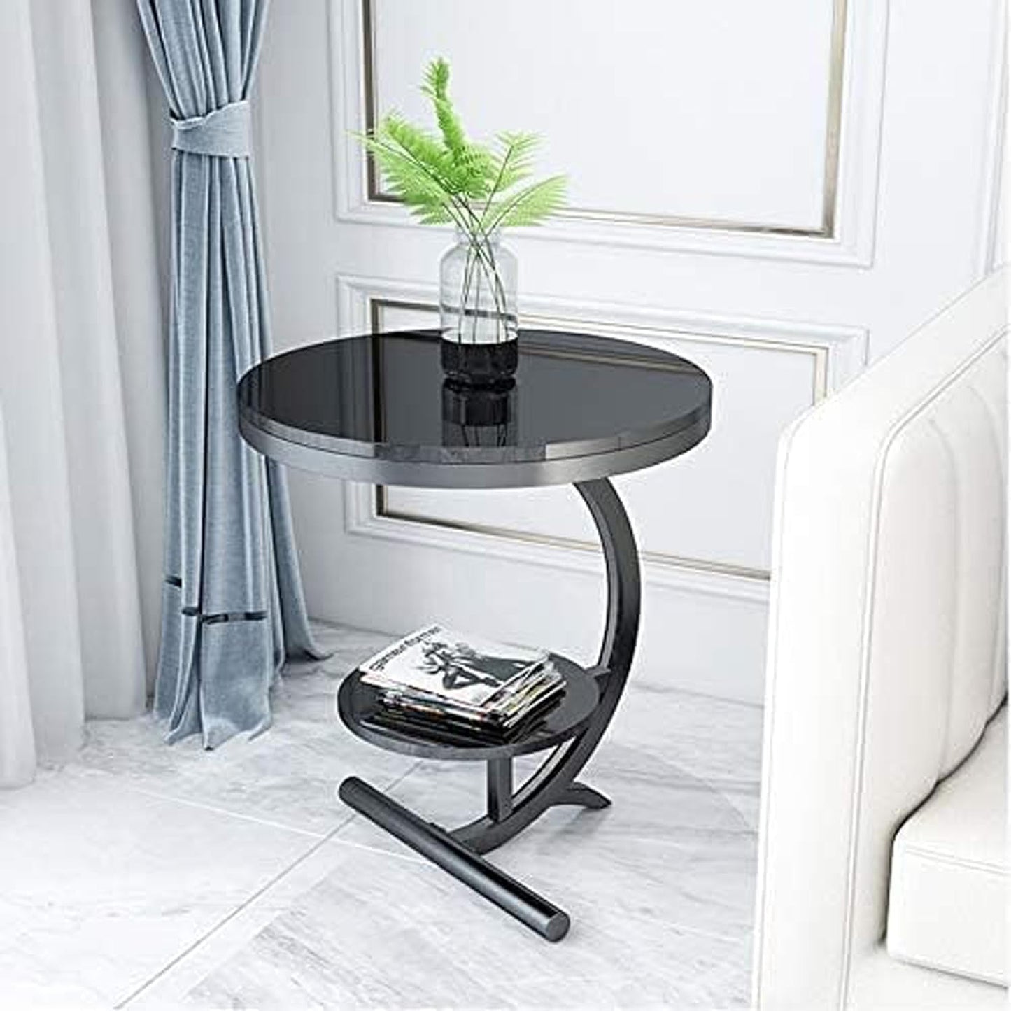 Modern white-top 2-tier storage shelf side table with metal frame by The Gharnish, ideal for living room or bedroom decor.