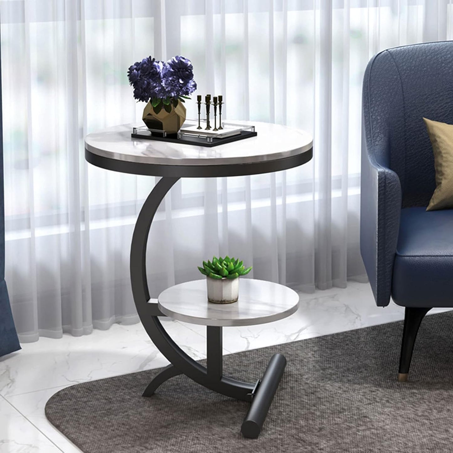 Modern white-top 2-tier storage shelf side table with metal frame by The Gharnish, ideal for living room or bedroom organization.