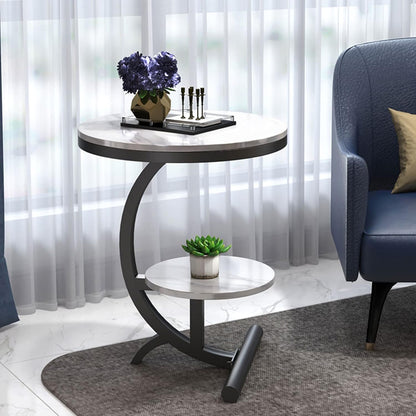 Modern white-top 2-tier storage shelf side table with metal frame by The Gharnish, ideal for living room or bedroom organization.