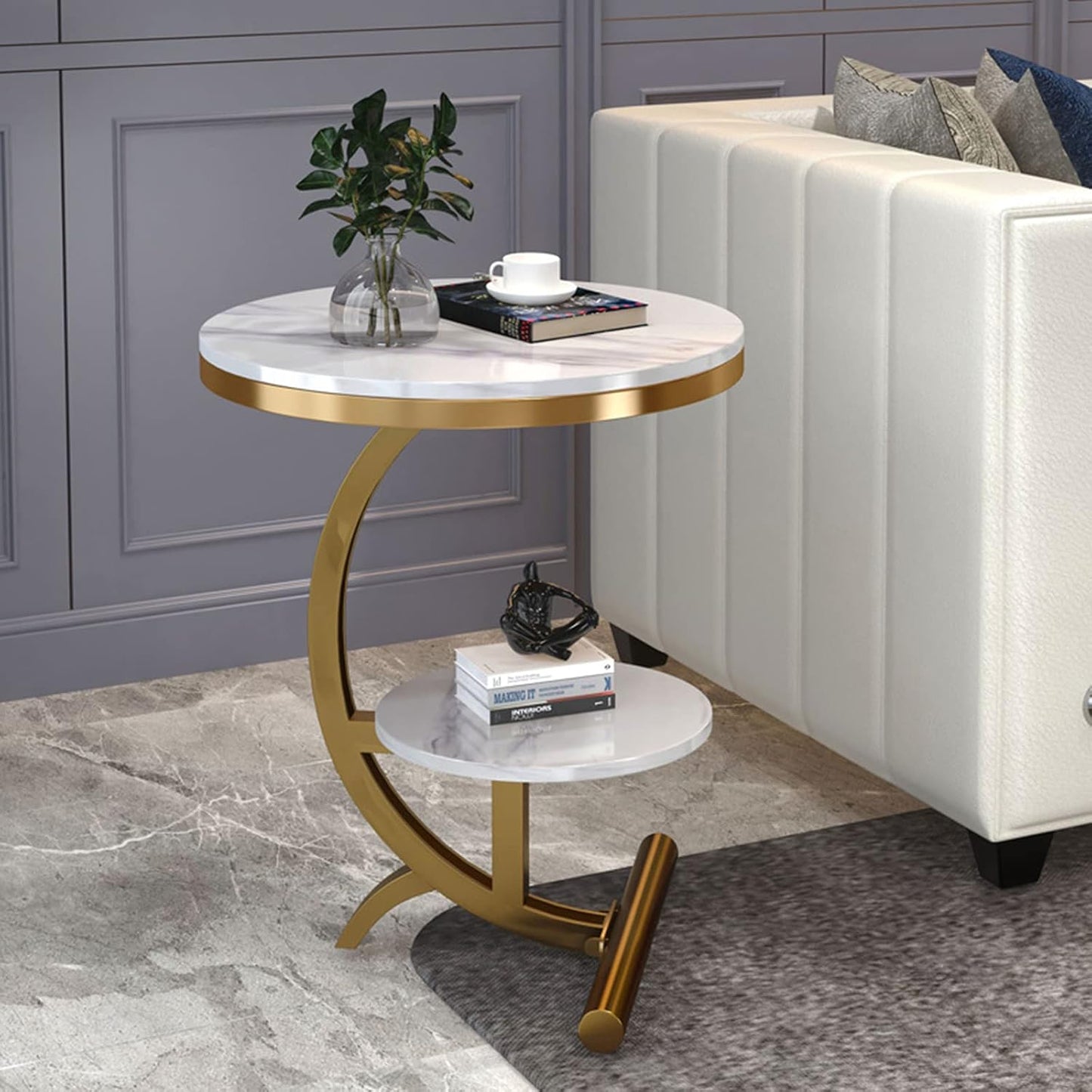 Modern white 2-tier storage shelf side table with metal frame by The Gharnish, featuring a sleek design and functional surface.