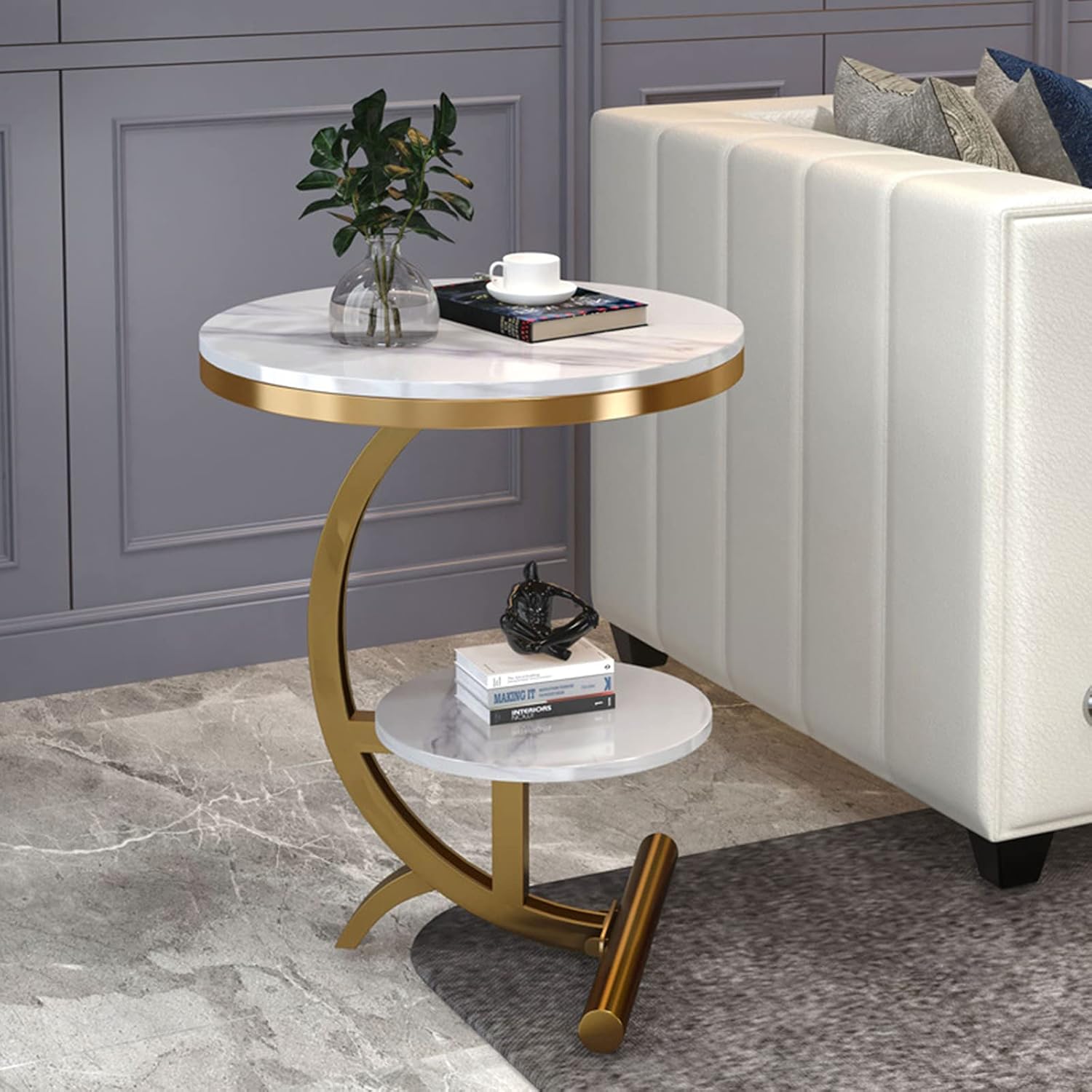 Modern white 2-tier storage shelf side table with metal frame by The Gharnish, featuring a sleek design and functional surface.