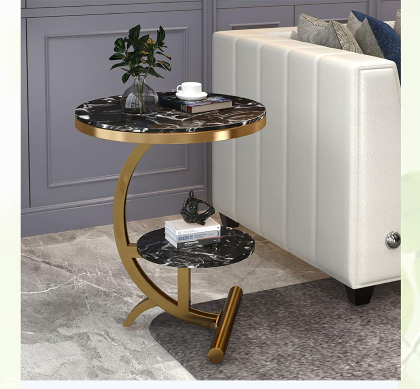 Modern white-top 2-tier storage side table with metal frame, featuring a sleek, contemporary design for living room or bedroom.